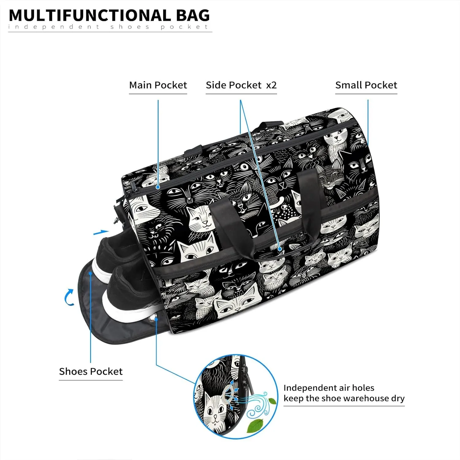 Gym Bag for Women, Carry on Weekender Overnight Bag, Travel Duffel Bags, Personal Item Travel Bag Tote Bag Workout Dance Bag, Cat - 13