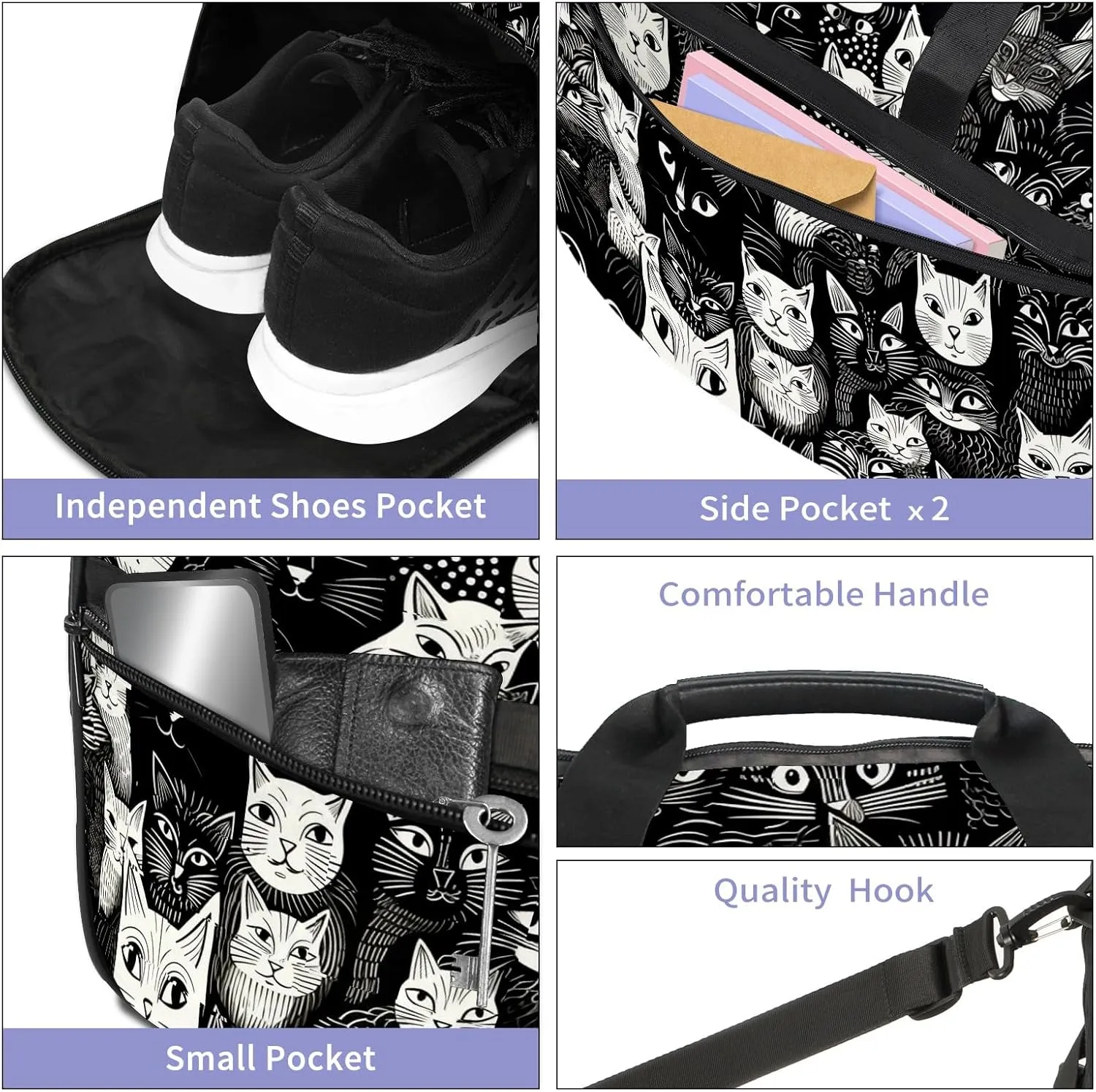 Gym Bag for Women, Carry on Weekender Overnight Bag, Travel Duffel Bags, Personal Item Travel Bag Tote Bag Workout Dance Bag, Cat - 13