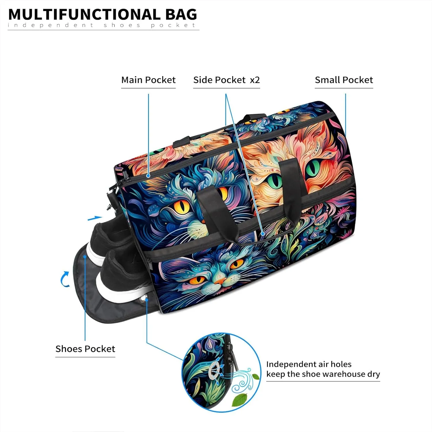 Gym Bag for Women, Carry on Weekender Overnight Bag, Travel Duffel Bags, Personal Item Travel Bag Tote Bag Workout Dance Bag, Cat - 24