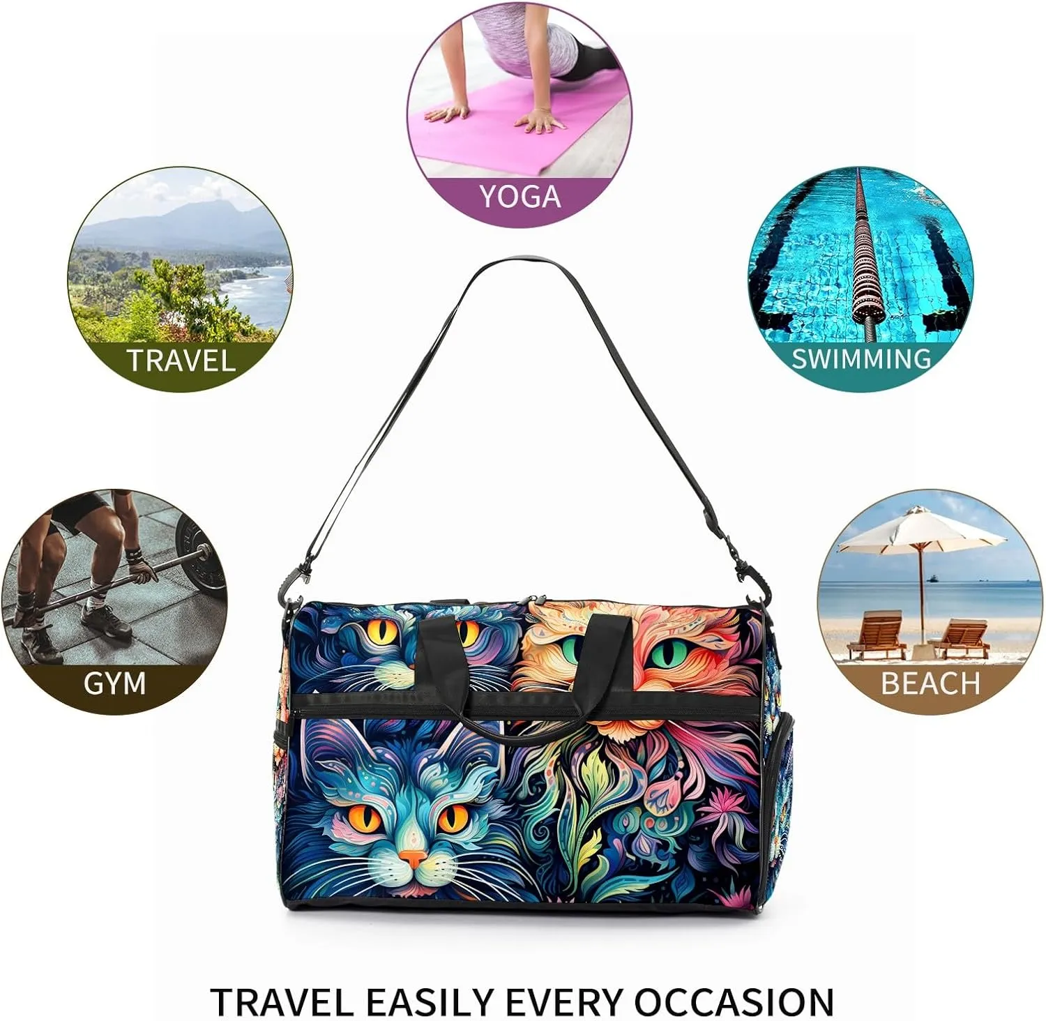 Gym Bag for Women, Carry on Weekender Overnight Bag, Travel Duffel Bags, Personal Item Travel Bag Tote Bag Workout Dance Bag, Cat - 24