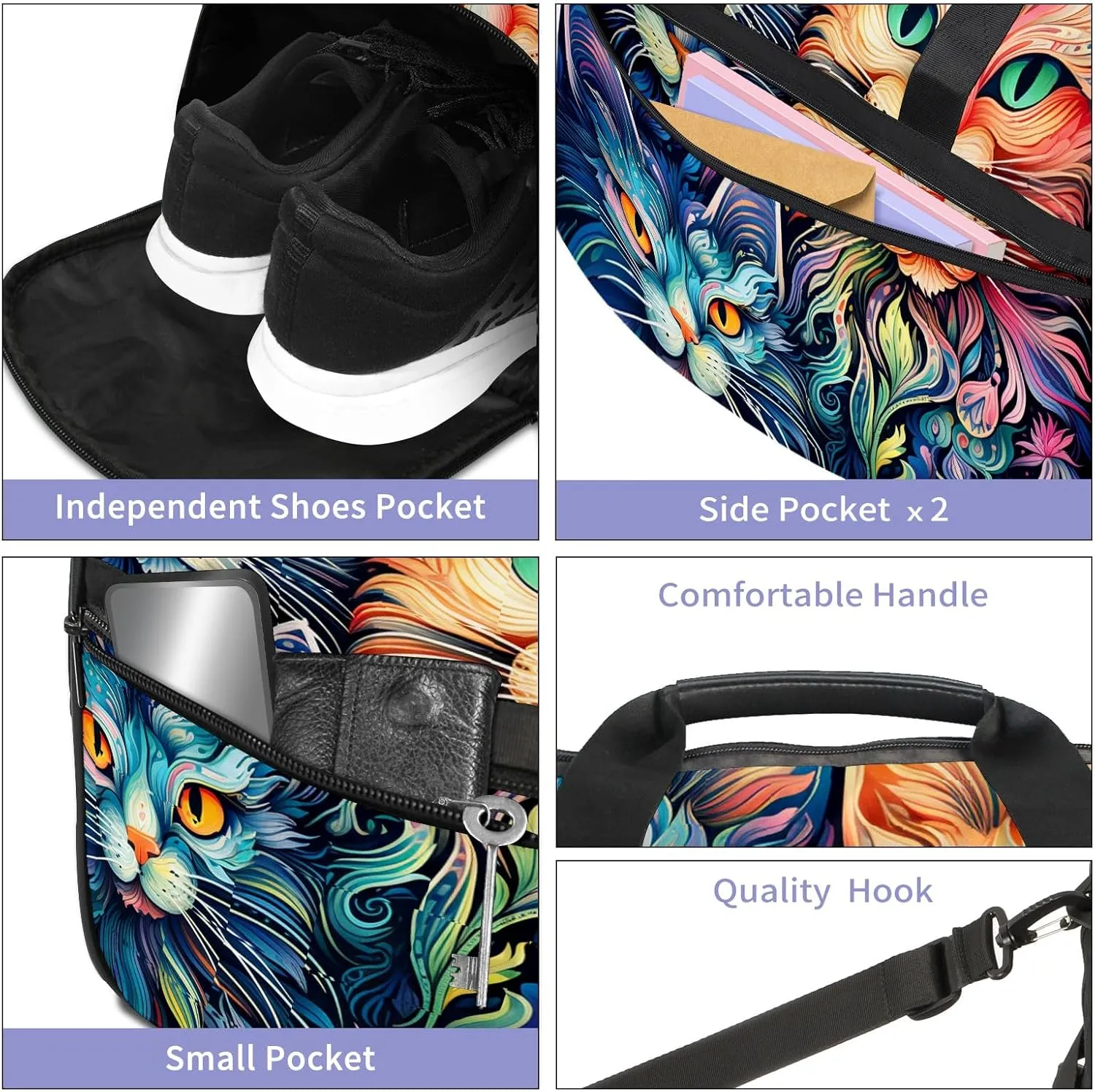 Gym Bag for Women, Carry on Weekender Overnight Bag, Travel Duffel Bags, Personal Item Travel Bag Tote Bag Workout Dance Bag, Cat - 24