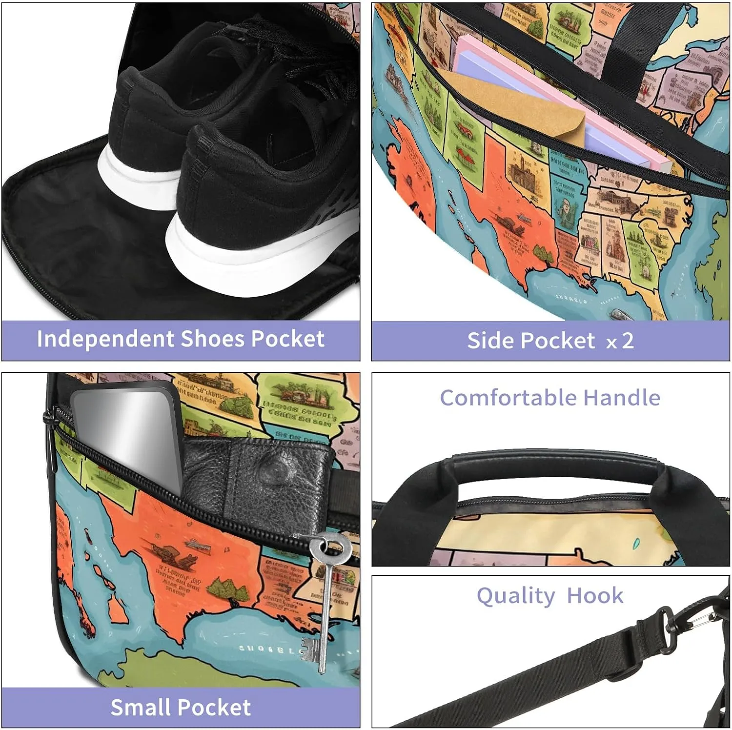 Gym Bag for Women Men, Yoga Bag with Shoe Pocket, Travel Duffel Tote Bag for Plane, Workout, Swimming, Weekend Overnight Bag Carry on Bag Hospital Holdalls, America Map - 35