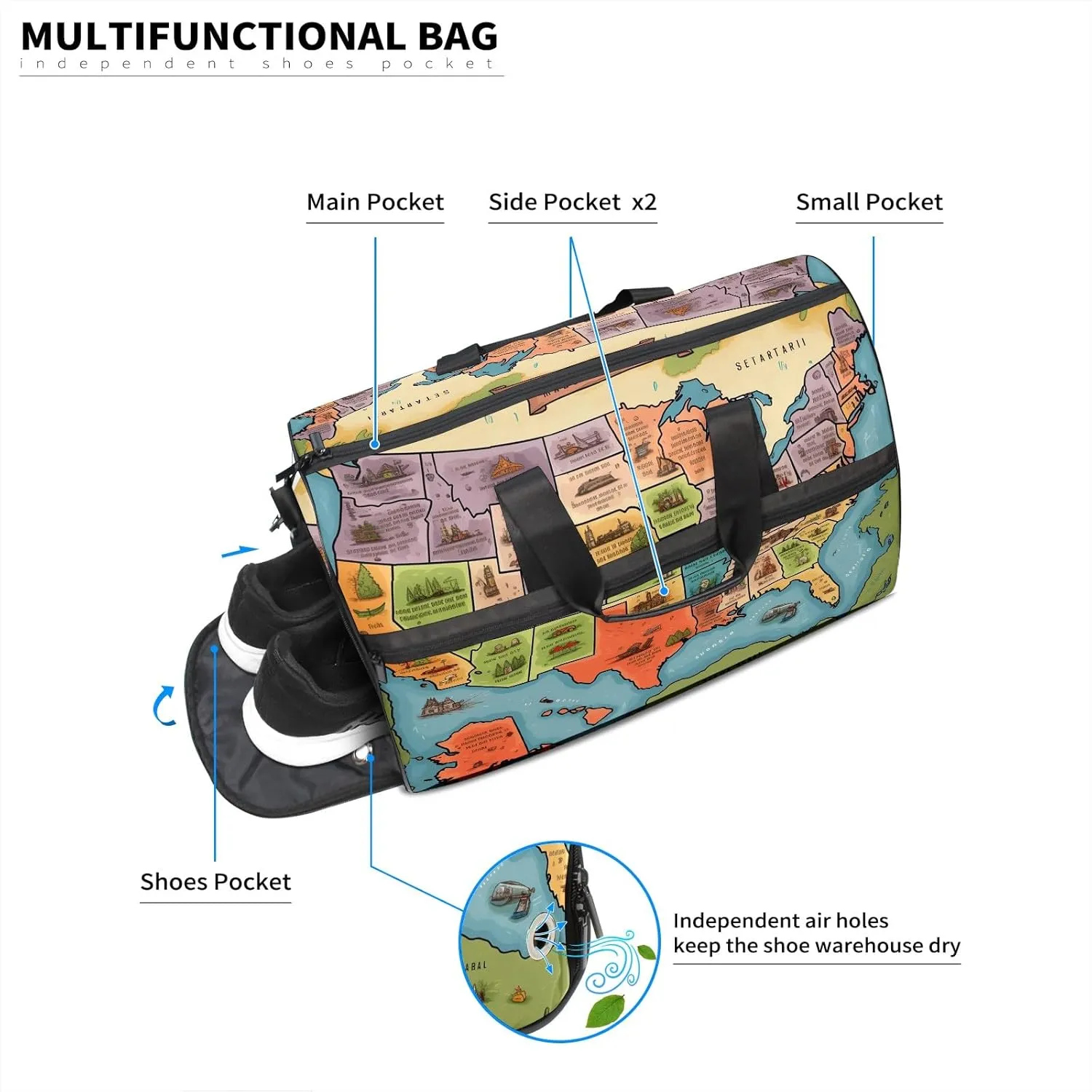 Gym Bag for Women Men, Yoga Bag with Shoe Pocket, Travel Duffel Tote Bag for Plane, Workout, Swimming, Weekend Overnight Bag Carry on Bag Hospital Holdalls, America Map - 35