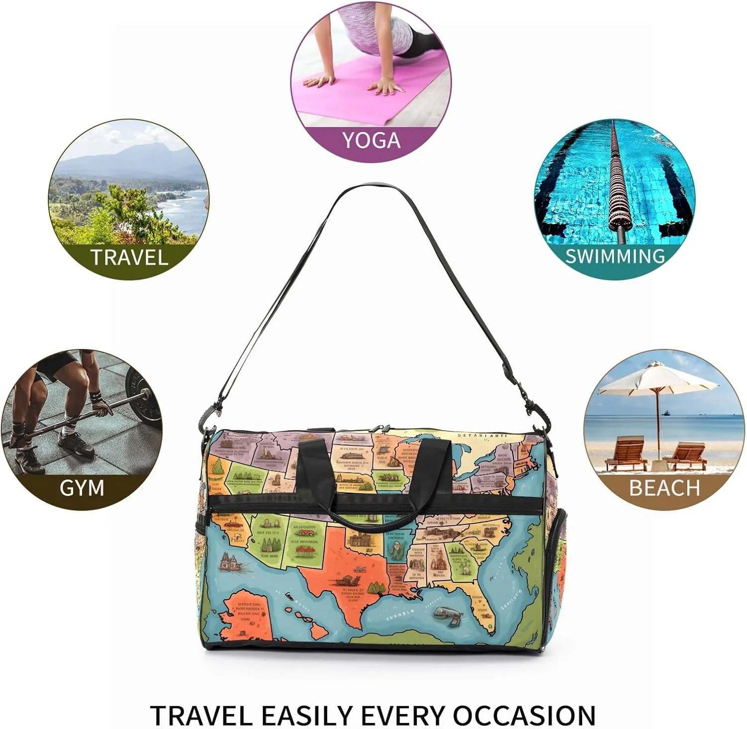 Gym Bag for Women Men, Yoga Bag with Shoe Pocket, Travel Duffel Tote Bag for Plane, Workout, Swimming, Weekend Overnight Bag Carry on Bag Hospital Holdalls, America Map - 35