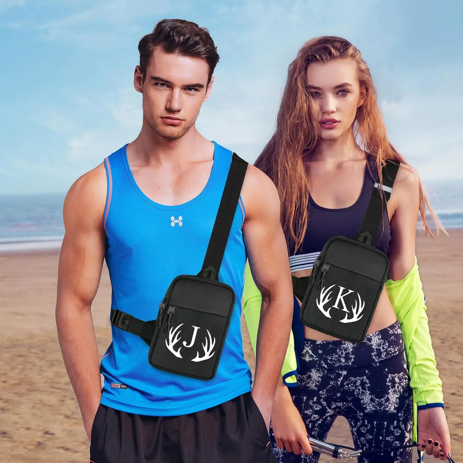 Initial Letter Small Crossbody Sling Bag for Men Women Double Pocket Chest Bag Trendy Water Resistant Fanny Pack Mini Phone Cross Body Bag for Travel Sports Workout Running (Black C)