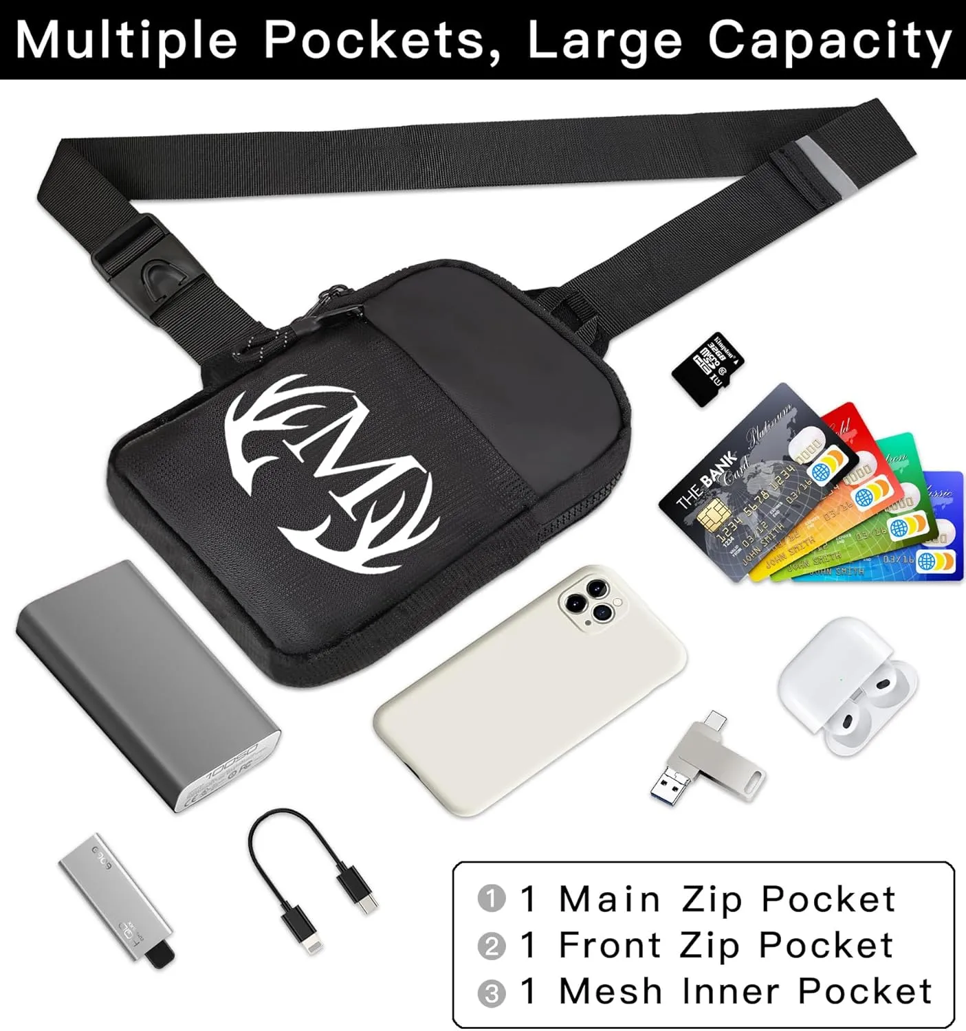 Initial Letter Small Crossbody Sling Bag for Men Women Double Pocket Chest Bag Trendy Water Resistant Fanny Pack Mini Phone Cross Body Bag for Travel Sports Workout Running (Black C)