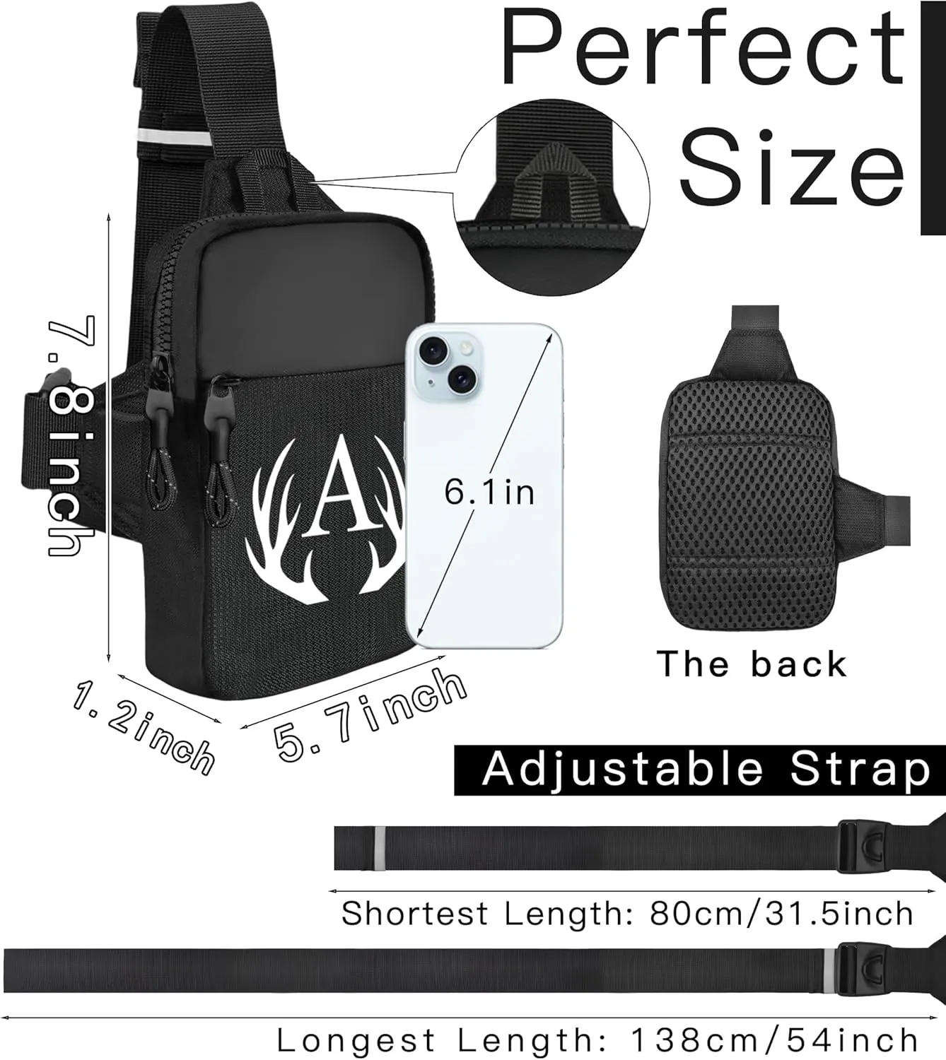 Initial Letter Small Crossbody Sling Bag for Men Women Double Pocket Chest Bag Trendy Water Resistant Fanny Pack Mini Phone Cross Body Bag for Travel Sports Workout Running (Black C)