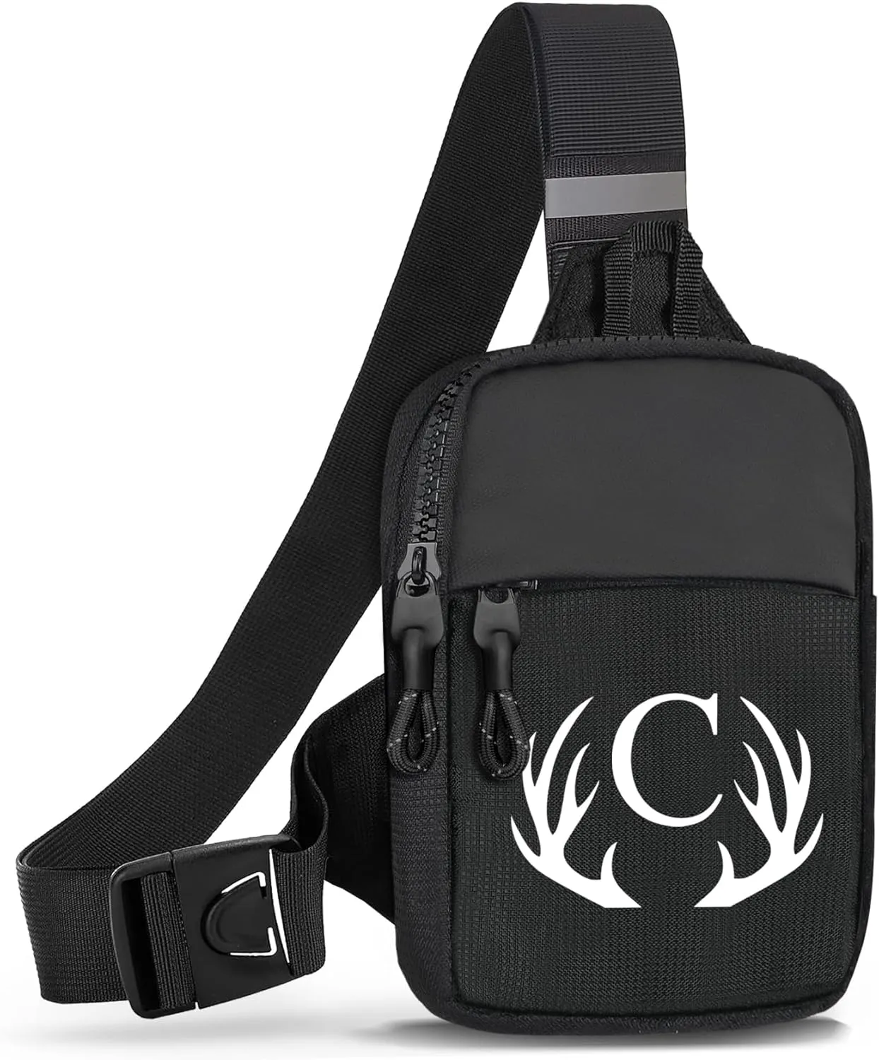 Initial Letter Small Crossbody Sling Bag for Men Women Double Pocket Chest Bag Trendy Water Resistant Fanny Pack Mini Phone Cross Body Bag for Travel Sports Workout Running (Black C)