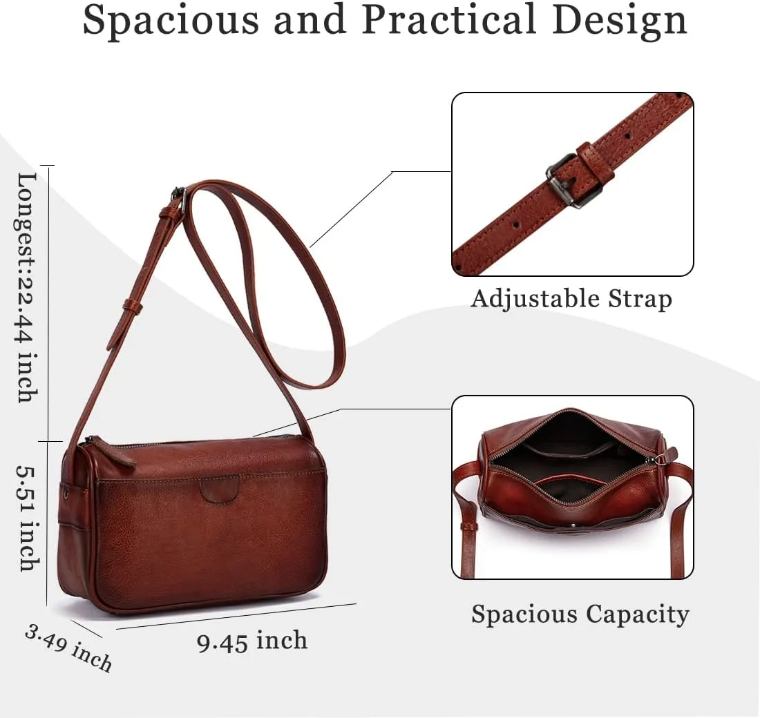 Leather Crossbody Bags for Women, Vintage Real Leather Crossbody Purse Retro Small Shoulder Handbag with Adjustable Strap