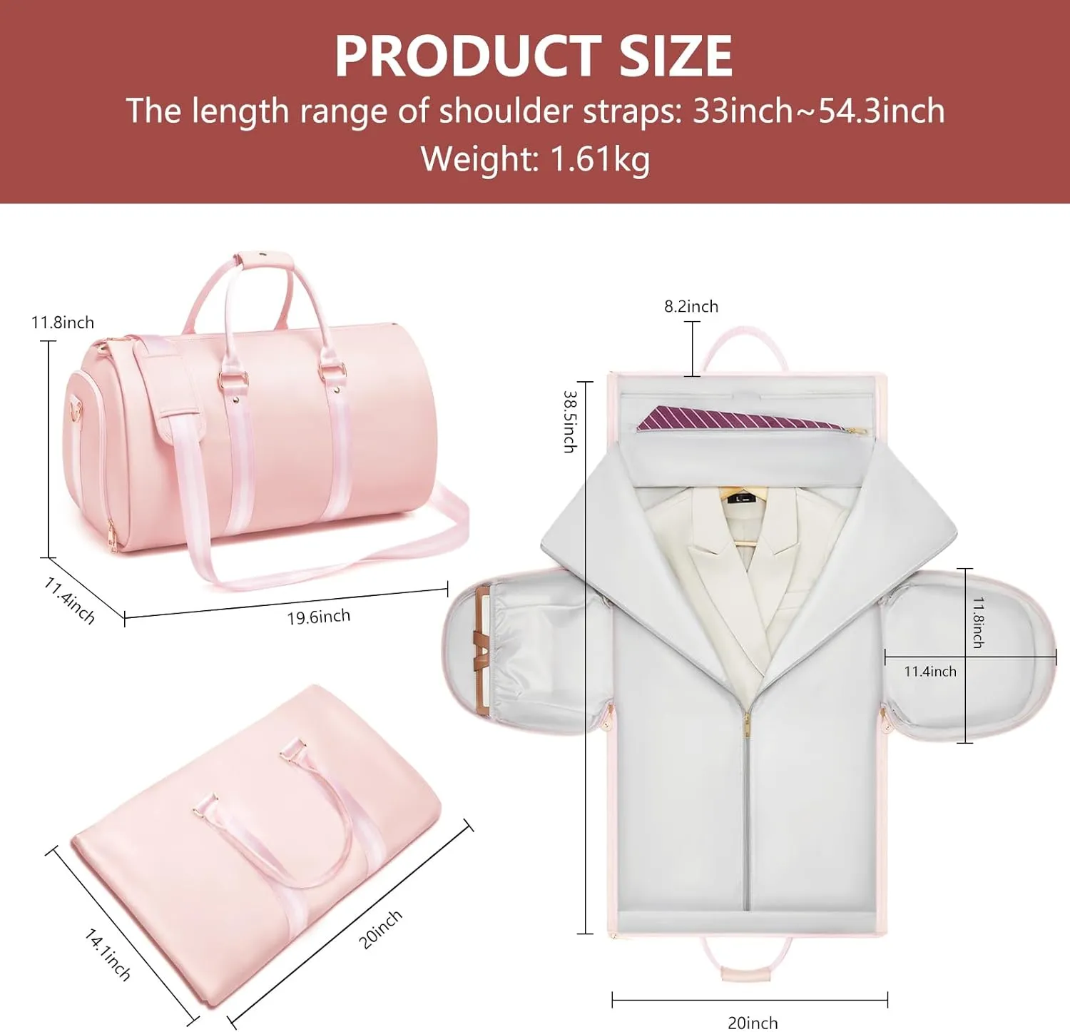 Leather Garment Bags for Travel, Convertible Carry on Garment Duffel Bag for Women, 2 in 1 Waterproof Foldable Travel Suit Bag with Shoulder Strap Weekender Bag with Shoe Pouch, Pink