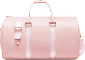 Leather Garment Bags for Travel, Convertible Carry on Garment Duffel Bag for Women, 2 in 1 Waterproof Foldable Travel Suit Bag with Shoulder Strap Weekender Bag with Shoe Pouch, Pink