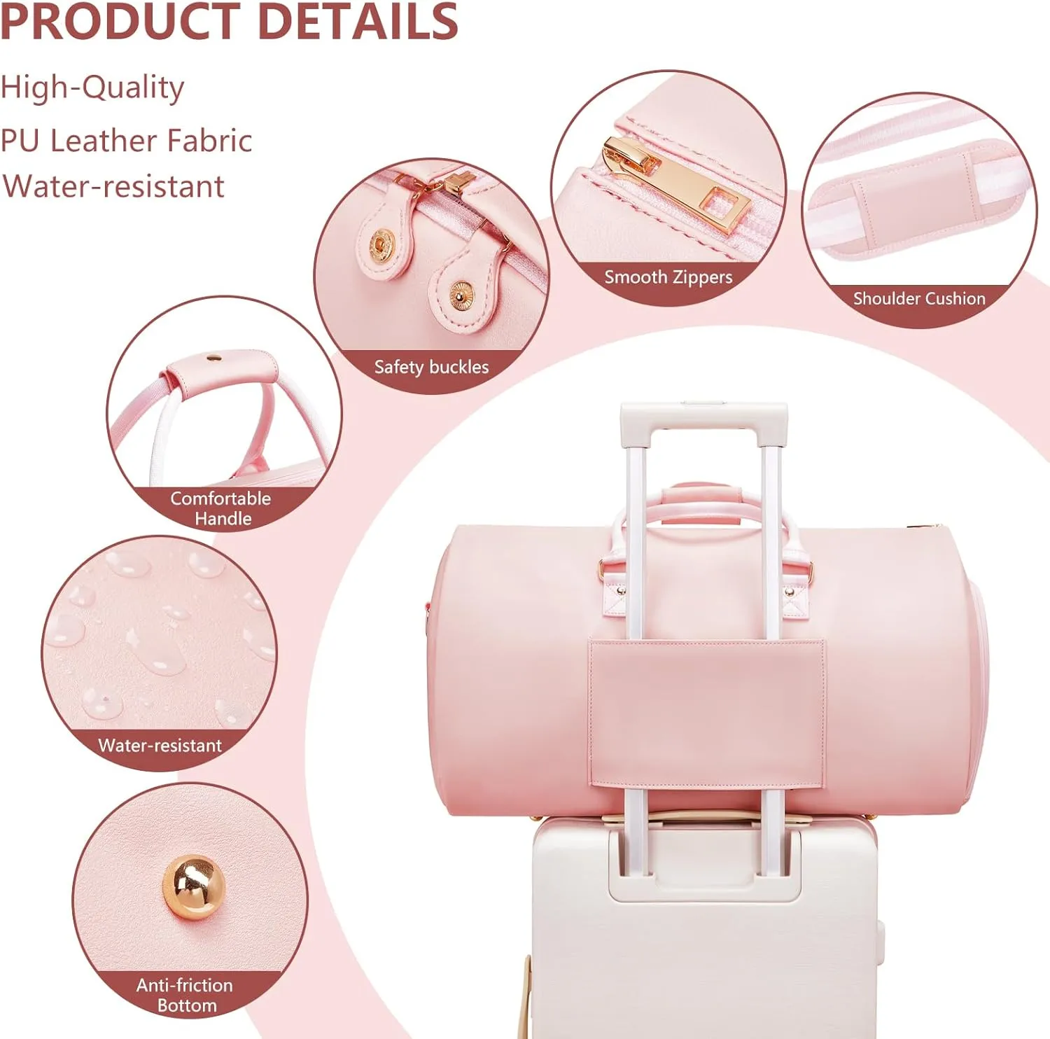Leather Garment Bags for Travel, Convertible Carry on Garment Duffel Bag for Women, 2 in 1 Waterproof Foldable Travel Suit Bag with Shoulder Strap Weekender Bag with Shoe Pouch, Pink