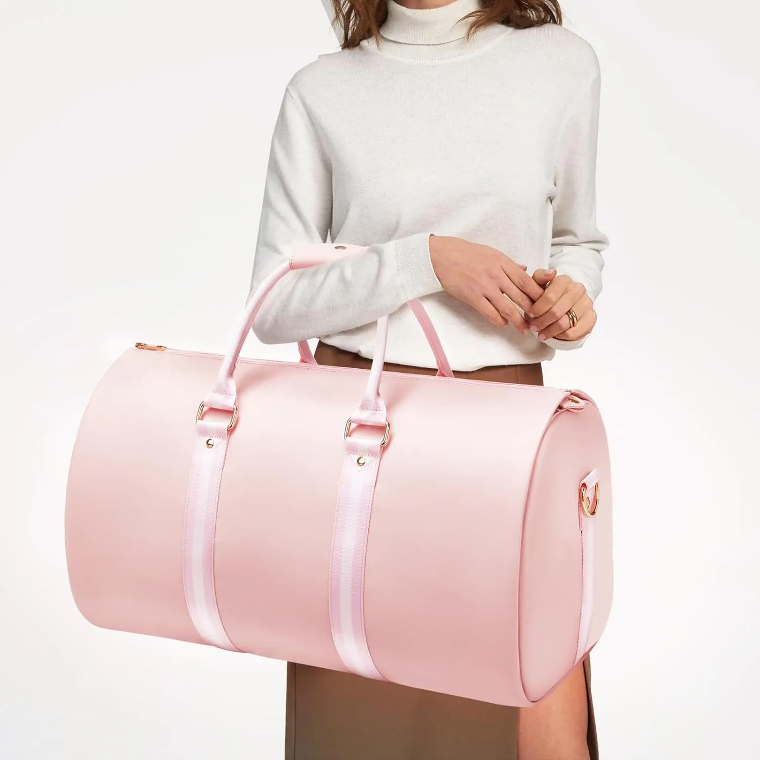 Leather Garment Bags for Travel, Convertible Carry on Garment Duffel Bag for Women, 2 in 1 Waterproof Foldable Travel Suit Bag with Shoulder Strap Weekender Bag with Shoe Pouch, Pink