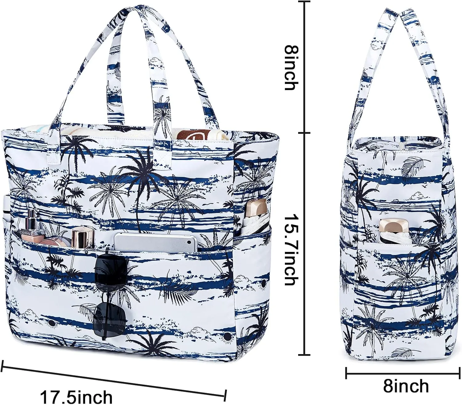 LEDAOU Large Beach Tote Bag Women Waterproof Sandproof Zipper Beach Tote Bag for Pool Gym Grocery Travel with Wet Pocket