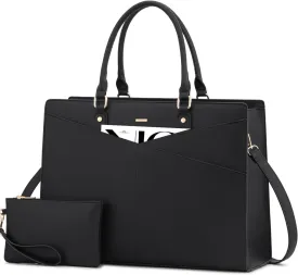 LOVEVOOK Laptop Tote Bag for Women, Leather Business Office Work Bag Computer Briefcase with Small Clutch fit for 15.6 Inch Laptop,Black