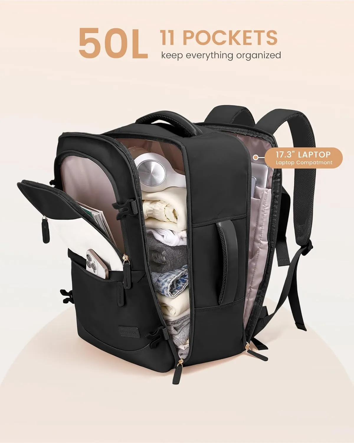 LOVEVOOK Travel Backpack for Women & Men, 50L Carry on Backpack Airline Approved, Large TSA Personal Item Travel Bag fits 17.3" Laptop, Business Weekender Bag for Essentials, 4Pcs