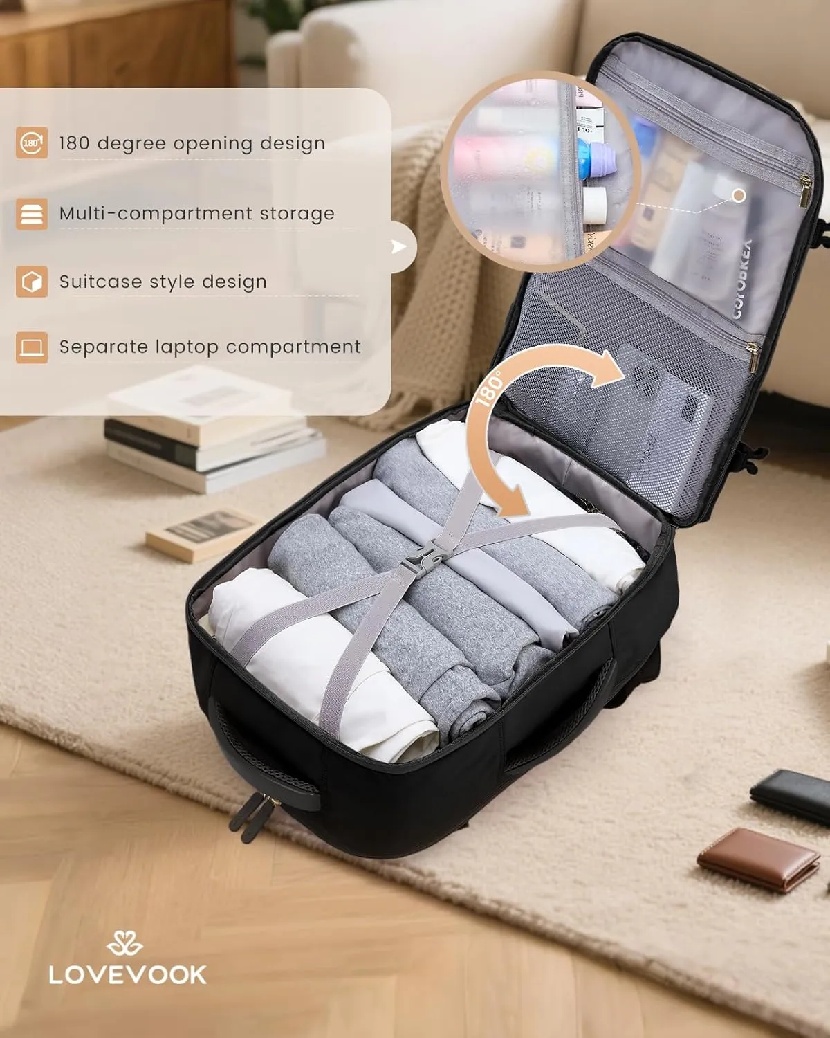 LOVEVOOK Travel Backpack for Women & Men, 50L Carry on Backpack Airline Approved, Large TSA Personal Item Travel Bag fits 17.3" Laptop, Business Weekender Bag for Essentials, 4Pcs