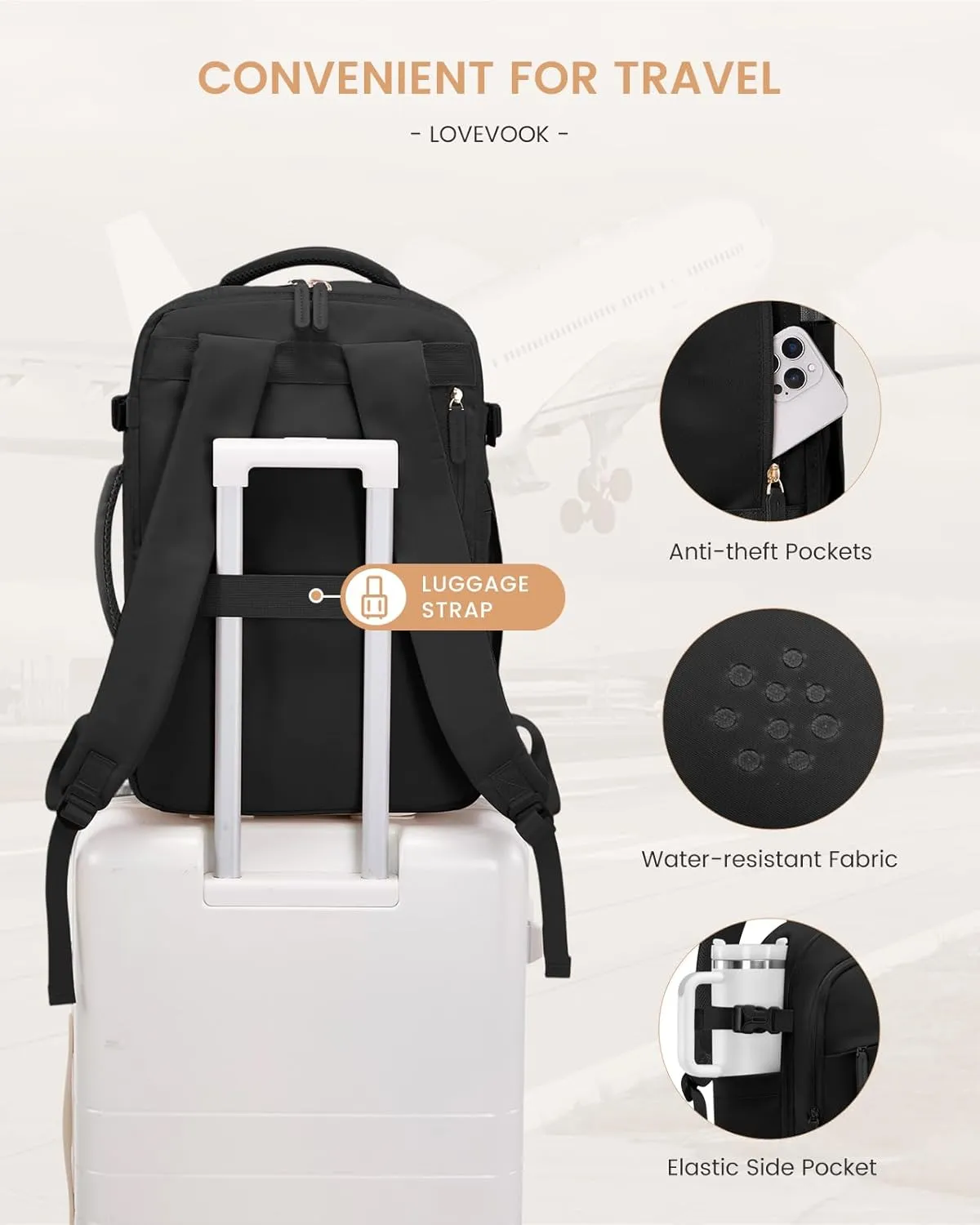 LOVEVOOK Travel Backpack for Women & Men, 50L Carry on Backpack Airline Approved, Large TSA Personal Item Travel Bag fits 17.3" Laptop, Business Weekender Bag for Essentials, 4Pcs