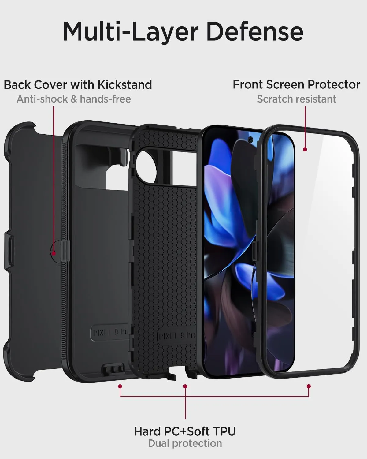 Miimall Rugged for Google Pixel 9, Pixel 9 Pro Case with Stand & Belt-Clip, Anti-Slip, Heavy Duty Shockproof and Dual Layer Military Grade Protective Phone Case for Pixel 9, Pixel 9 Pro, Black