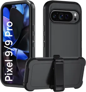 Miimall Rugged for Google Pixel 9, Pixel 9 Pro Case with Stand & Belt-Clip, Anti-Slip, Heavy Duty Shockproof and Dual Layer Military Grade Protective Phone Case for Pixel 9, Pixel 9 Pro, Black