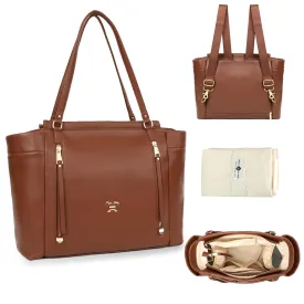 miss fong Diaper Bag Tote Leather Diaper Bag Backpack, Large Capacity Mommy Bag Hospital Bag, 12 Pockets Travel Diaper Tote with Changing PadStroller Straps & Insulated Pockets for Mom & Dad-Brown