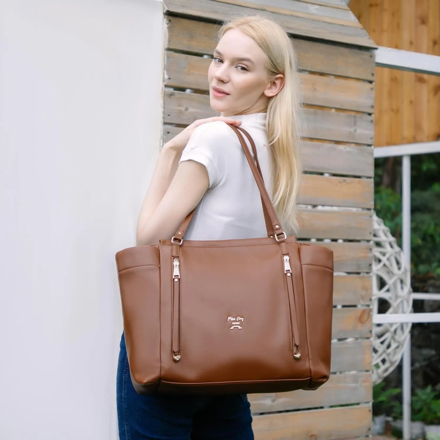 miss fong Diaper Bag Tote Leather Diaper Bag Backpack, Large Capacity Mommy Bag Hospital Bag, 12 Pockets Travel Diaper Tote with Changing PadStroller Straps & Insulated Pockets for Mom & Dad-Brown