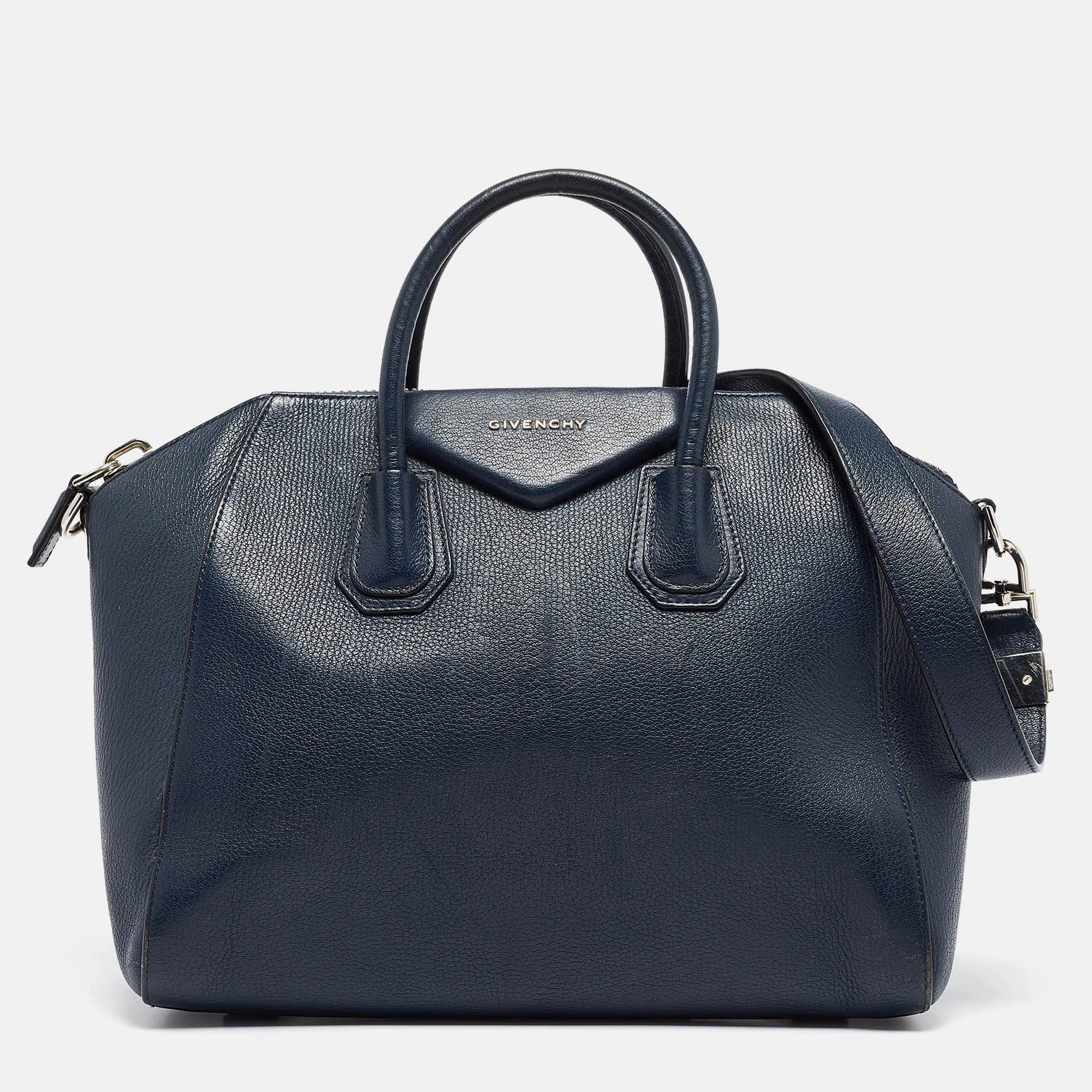 Navy Blue Leather Medium Antigona Satchel