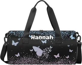 Personalized Duffel Bag with Name Butterfly Custom Travel Sports Bag for Women Men Round Waterproof Dance Ballet Bag Lightweight 17.6in, Sky Blue Pink
