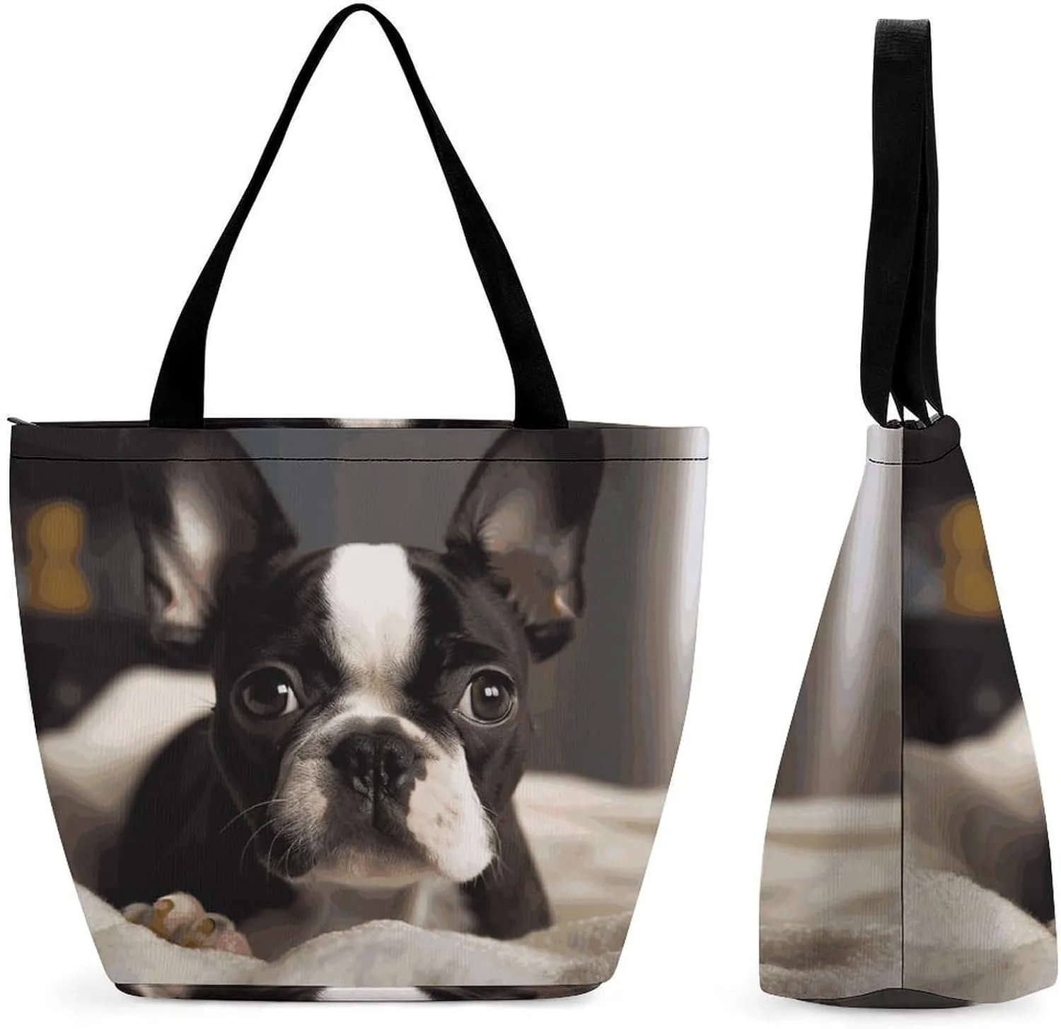 Reusable Shopping Bags for Women Large Grocery Bags Travel Tote Bags Cute Boston Terrier Shoulder Bag for Work