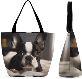 Reusable Shopping Bags for Women Large Grocery Bags Travel Tote Bags Cute Boston Terrier Shoulder Bag for Work