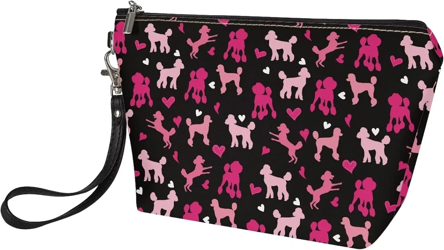 SEANATIVE Cute Pink Poodle Make Up Bag Organizer Personalized Large Cosmetic Bag for Women, Love Heart Print Make Brush Pouch Beauty Toiletry Purse