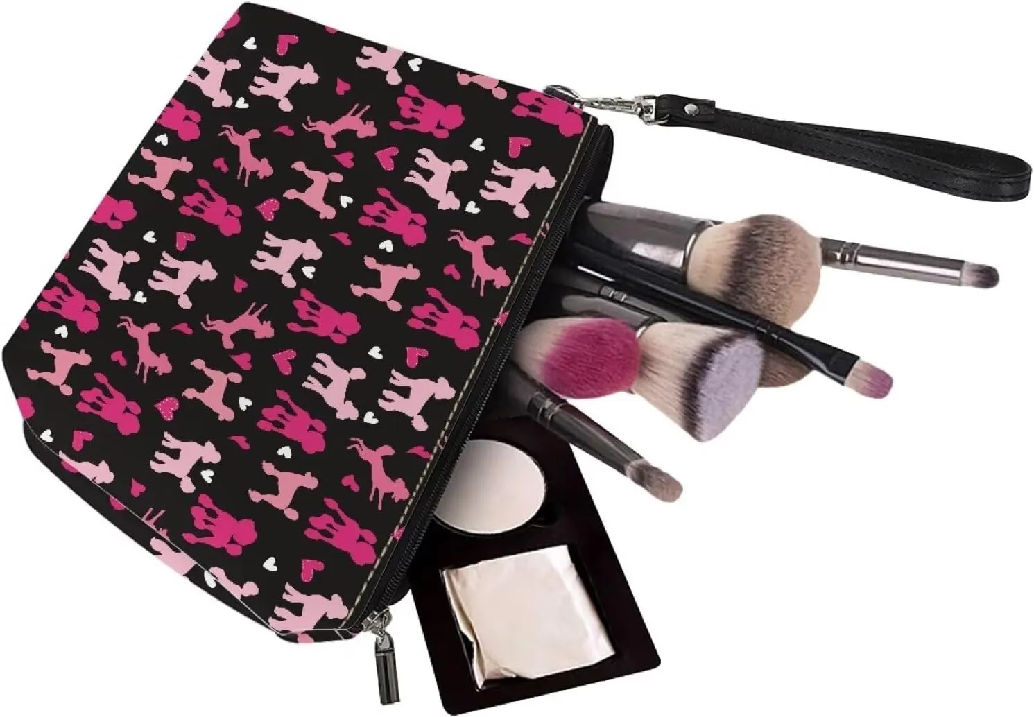 SEANATIVE Cute Pink Poodle Make Up Bag Organizer Personalized Large Cosmetic Bag for Women, Love Heart Print Make Brush Pouch Beauty Toiletry Purse