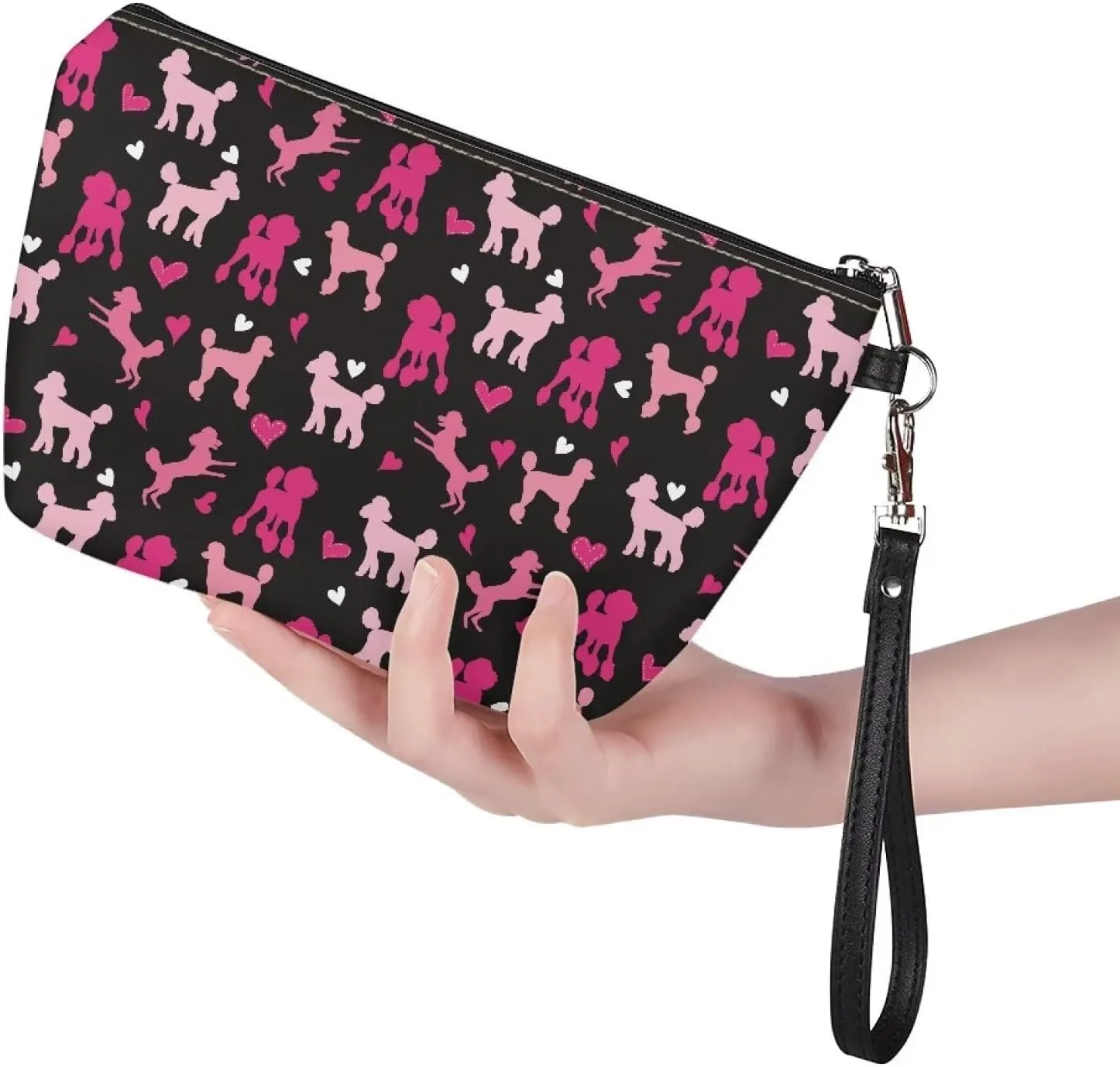 SEANATIVE Cute Pink Poodle Make Up Bag Organizer Personalized Large Cosmetic Bag for Women, Love Heart Print Make Brush Pouch Beauty Toiletry Purse