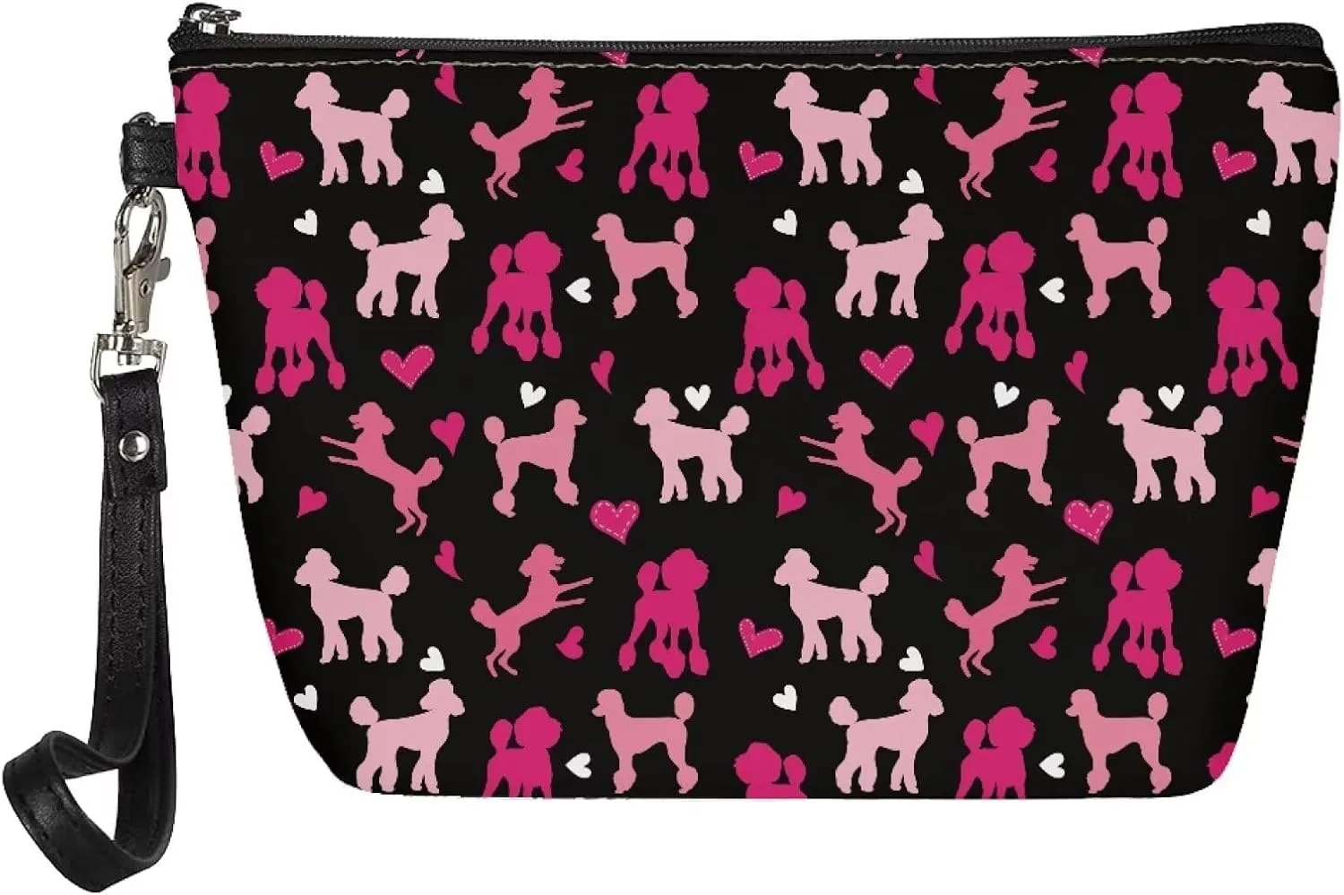 SEANATIVE Cute Pink Poodle Make Up Bag Organizer Personalized Large Cosmetic Bag for Women, Love Heart Print Make Brush Pouch Beauty Toiletry Purse