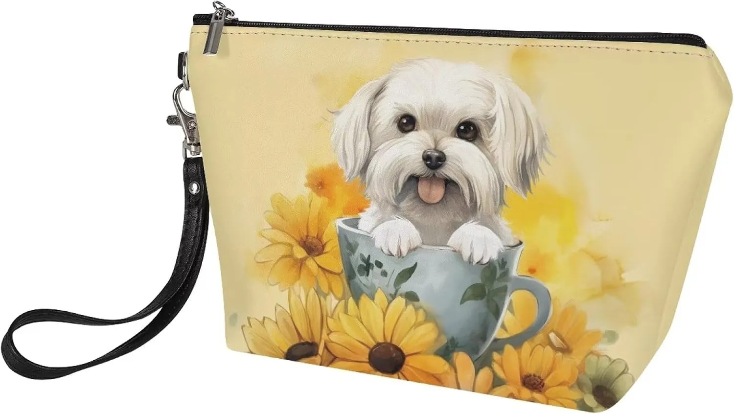 SEANATIVE Sunflower Dog Print Leather Makeup Bag Waterproof Toiletry Bags Purse Women Zipper Cosmetic Pouch for Travel Accessories