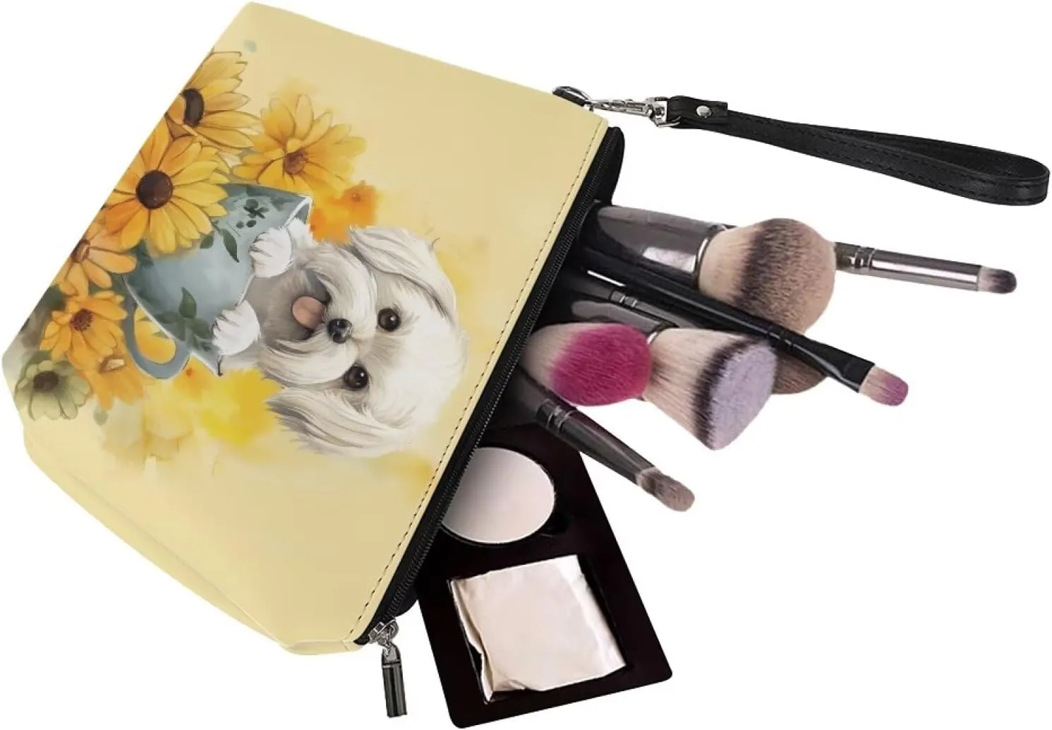 SEANATIVE Sunflower Dog Print Leather Makeup Bag Waterproof Toiletry Bags Purse Women Zipper Cosmetic Pouch for Travel Accessories