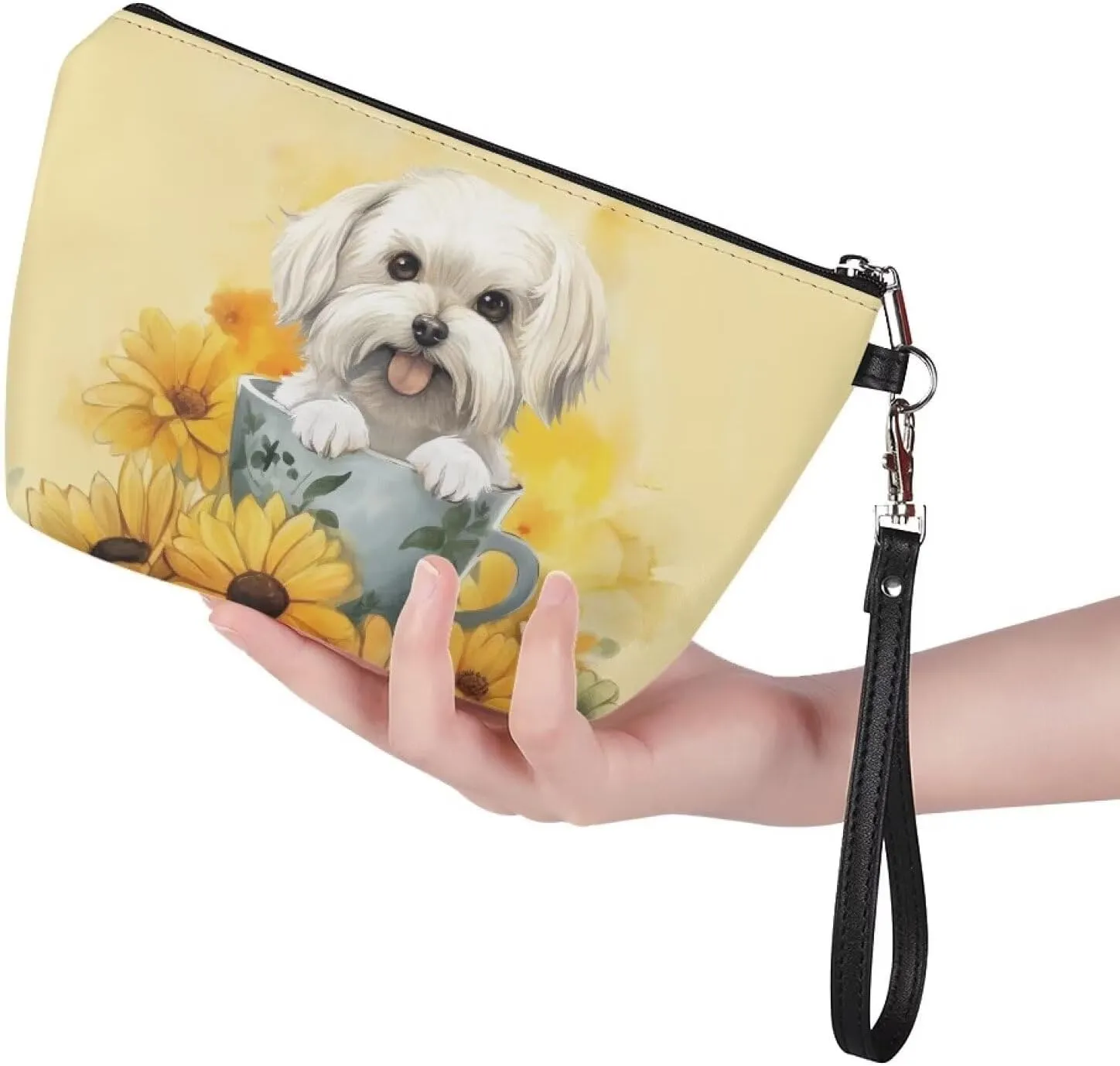SEANATIVE Sunflower Dog Print Leather Makeup Bag Waterproof Toiletry Bags Purse Women Zipper Cosmetic Pouch for Travel Accessories