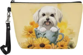 SEANATIVE Sunflower Dog Print Leather Makeup Bag Waterproof Toiletry Bags Purse Women Zipper Cosmetic Pouch for Travel Accessories