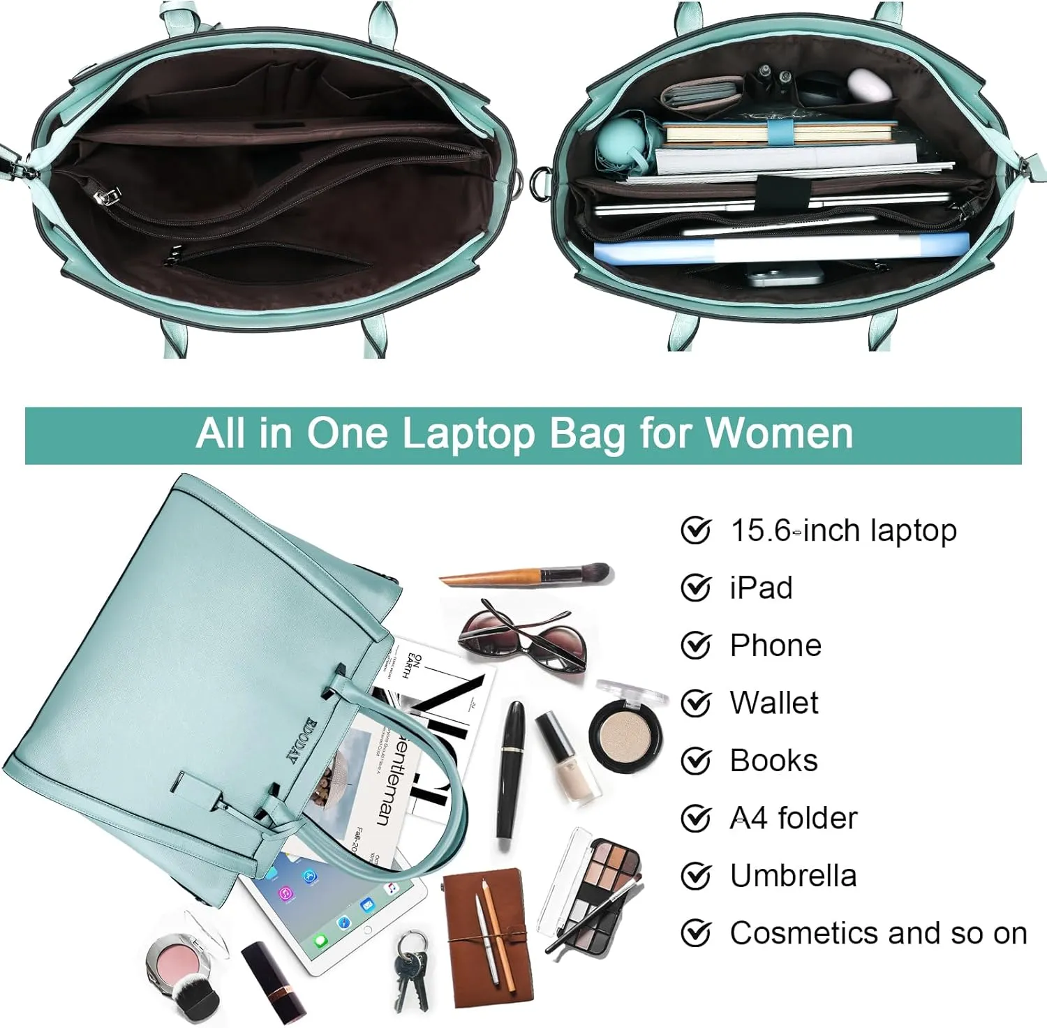 Stylish 15.6 Inch Laptop Tote Bag for Women - Travel Computer Handbag with Long Shoulder Strap
