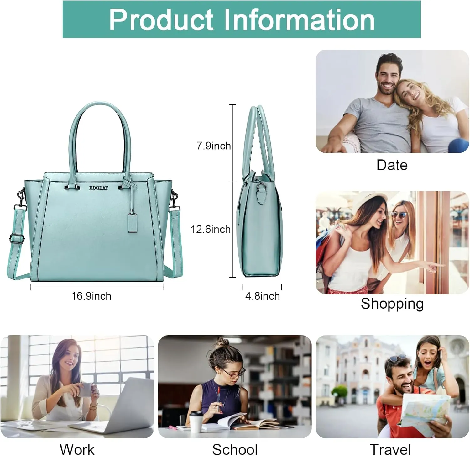 Stylish 15.6 Inch Laptop Tote Bag for Women - Travel Computer Handbag with Long Shoulder Strap