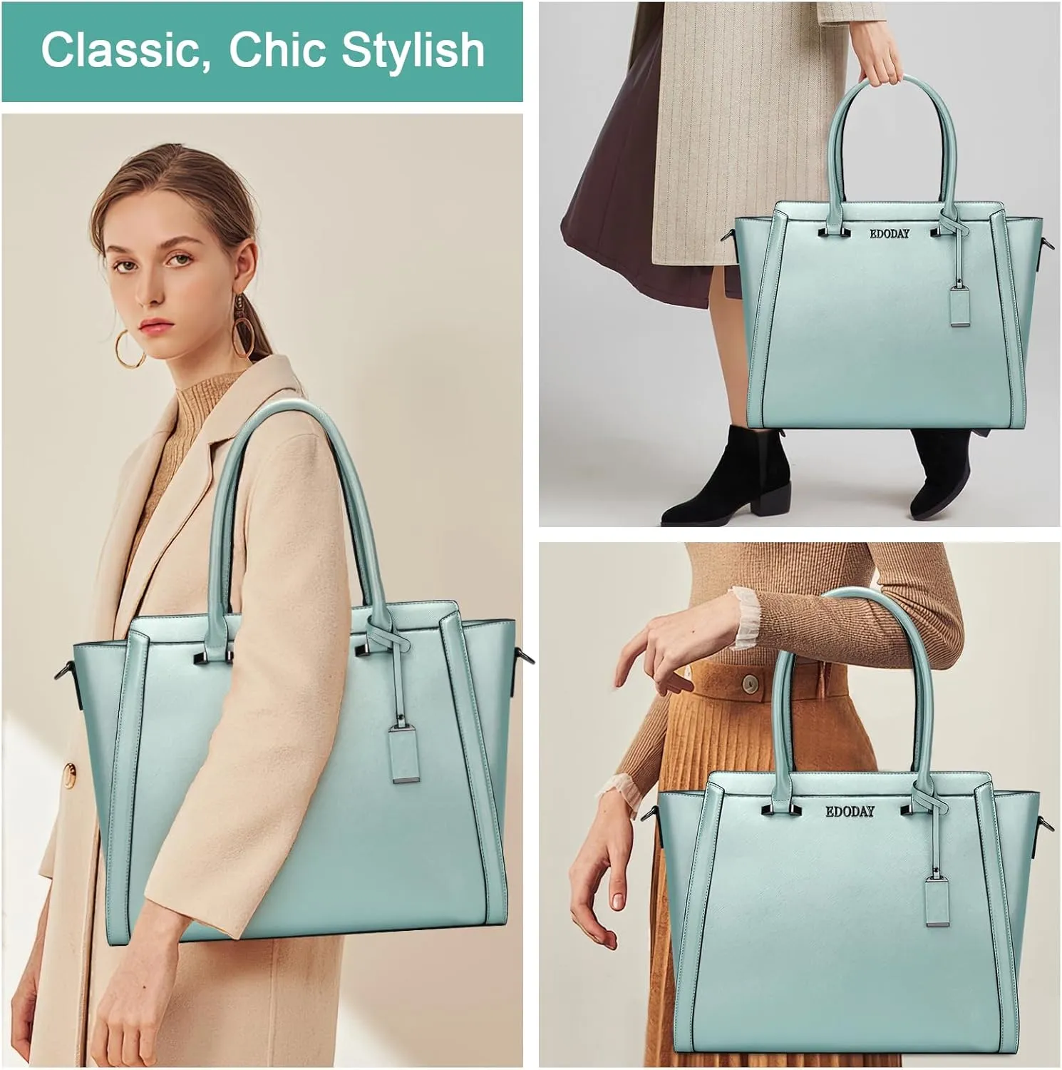 Stylish 15.6 Inch Laptop Tote Bag for Women - Travel Computer Handbag with Long Shoulder Strap