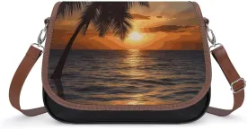 Sunset Palm Tree Ocean Shoulder Bags PU Leather Shoulder Handbag Large Capacity Crossbody Bag for Women