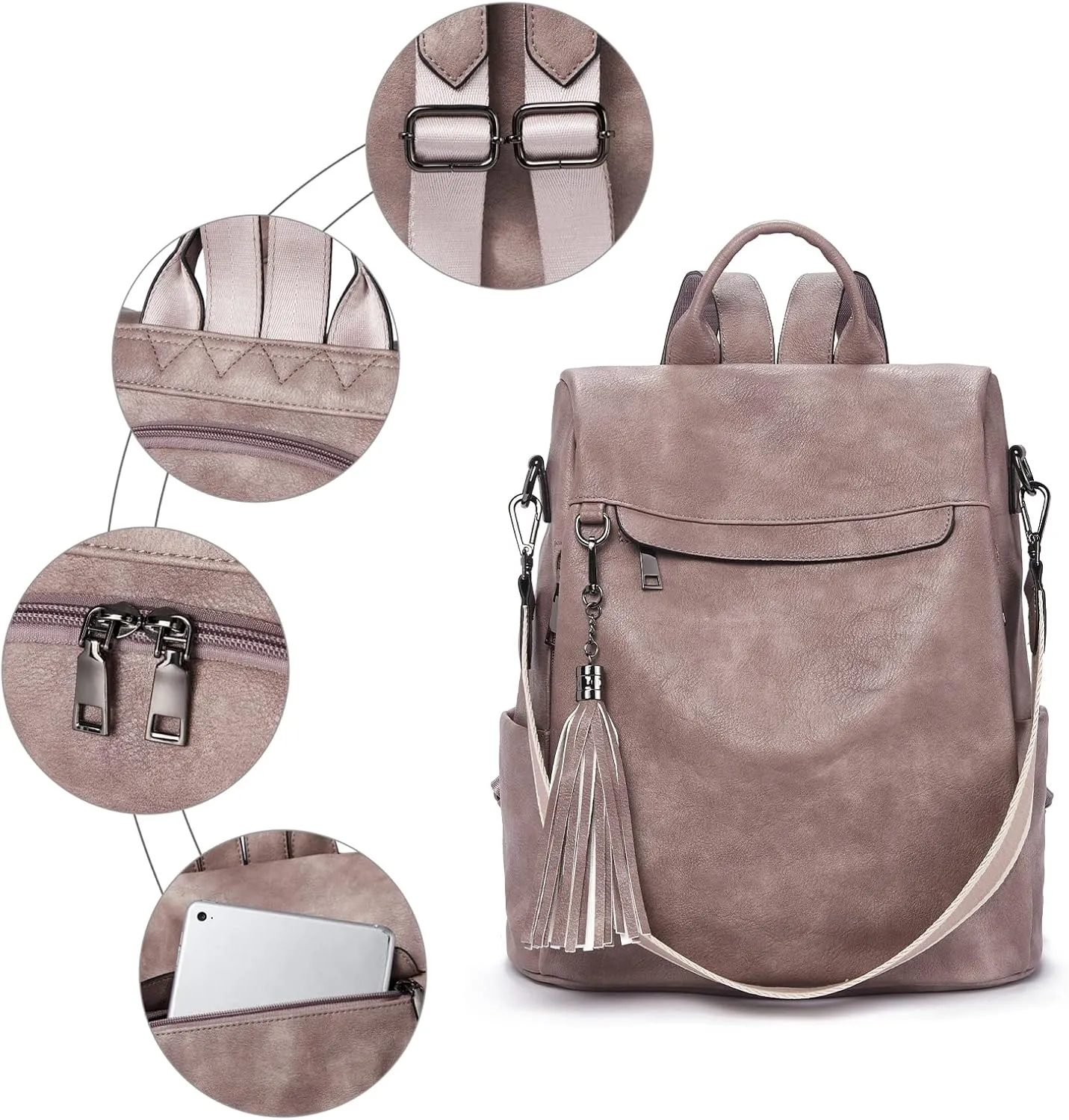 Telena Backpack Purse for Women, PU Leather Anti Theft Travel Purse Shoulder Bags with Tassel