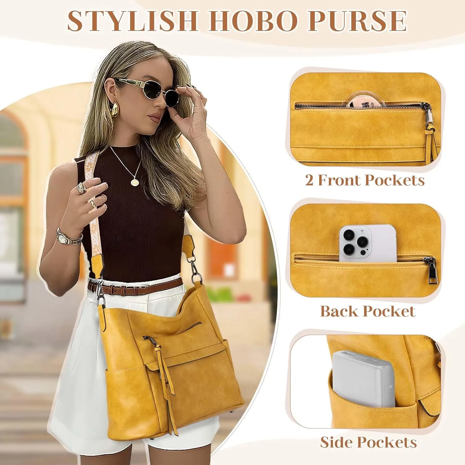 VASCHY Hobo Bag for Women, Medium Vegan Leather Shoulder Purse Handbag Wallet Set Tote Bag with Crossbody Guitar Strap