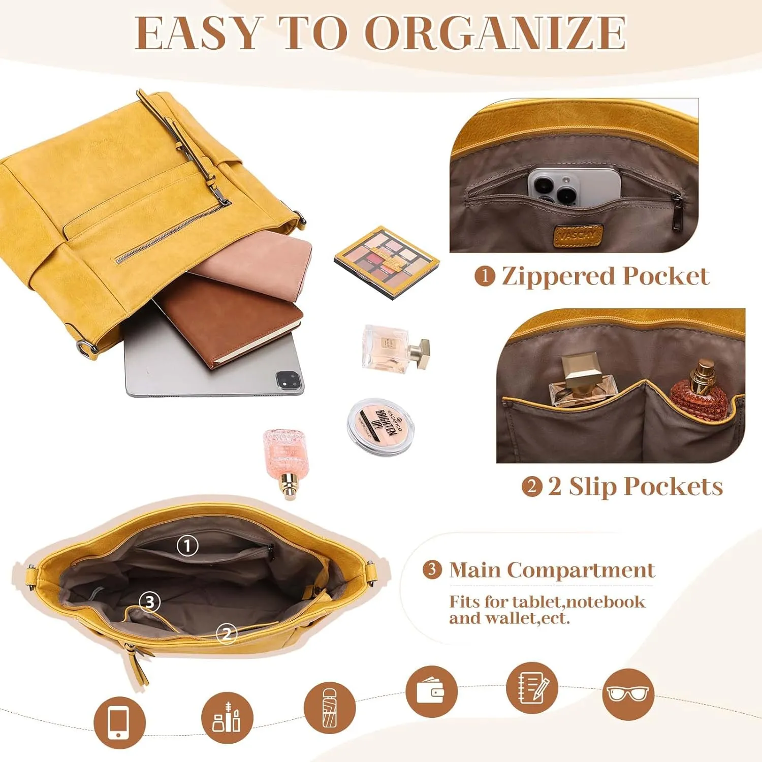 VASCHY Hobo Bag for Women, Medium Vegan Leather Shoulder Purse Handbag Wallet Set Tote Bag with Crossbody Guitar Strap