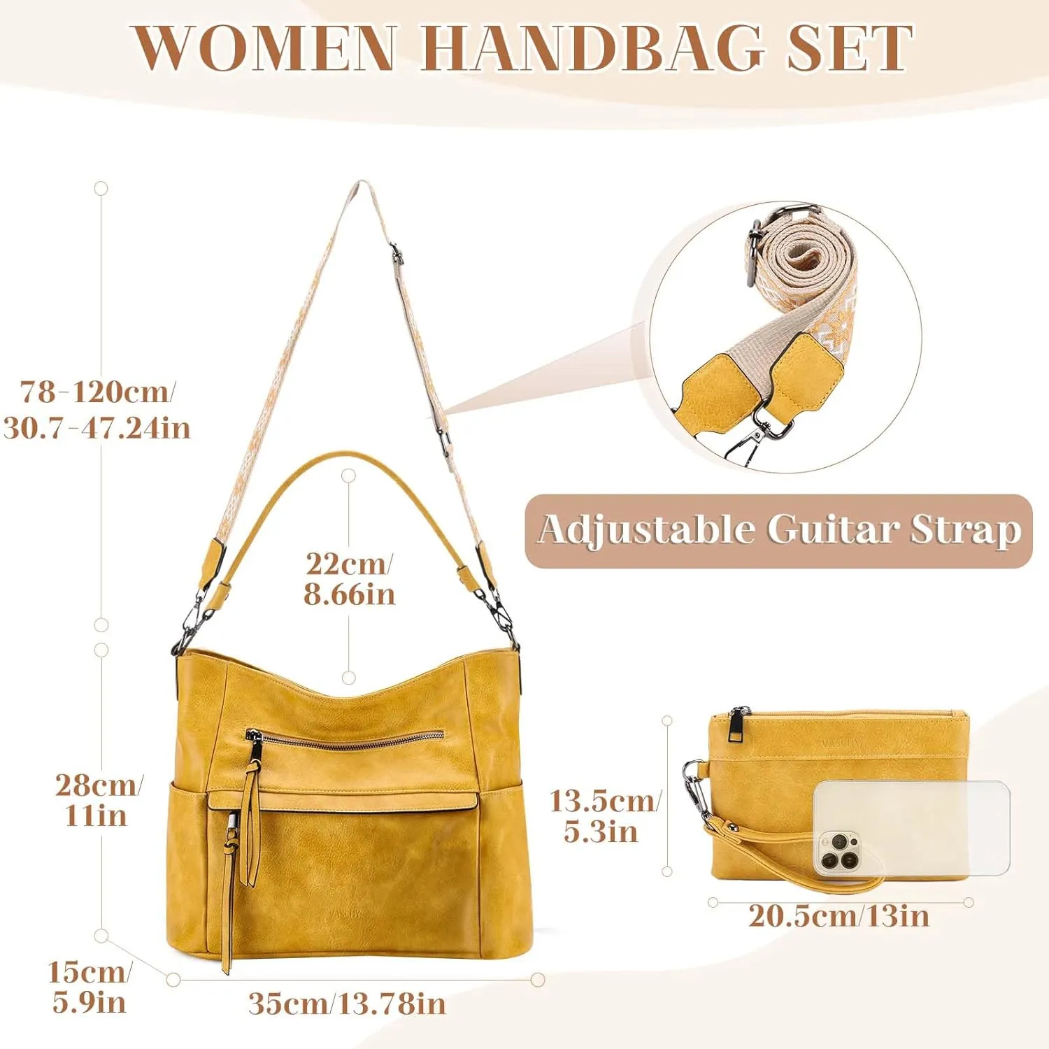 VASCHY Hobo Bag for Women, Medium Vegan Leather Shoulder Purse Handbag Wallet Set Tote Bag with Crossbody Guitar Strap