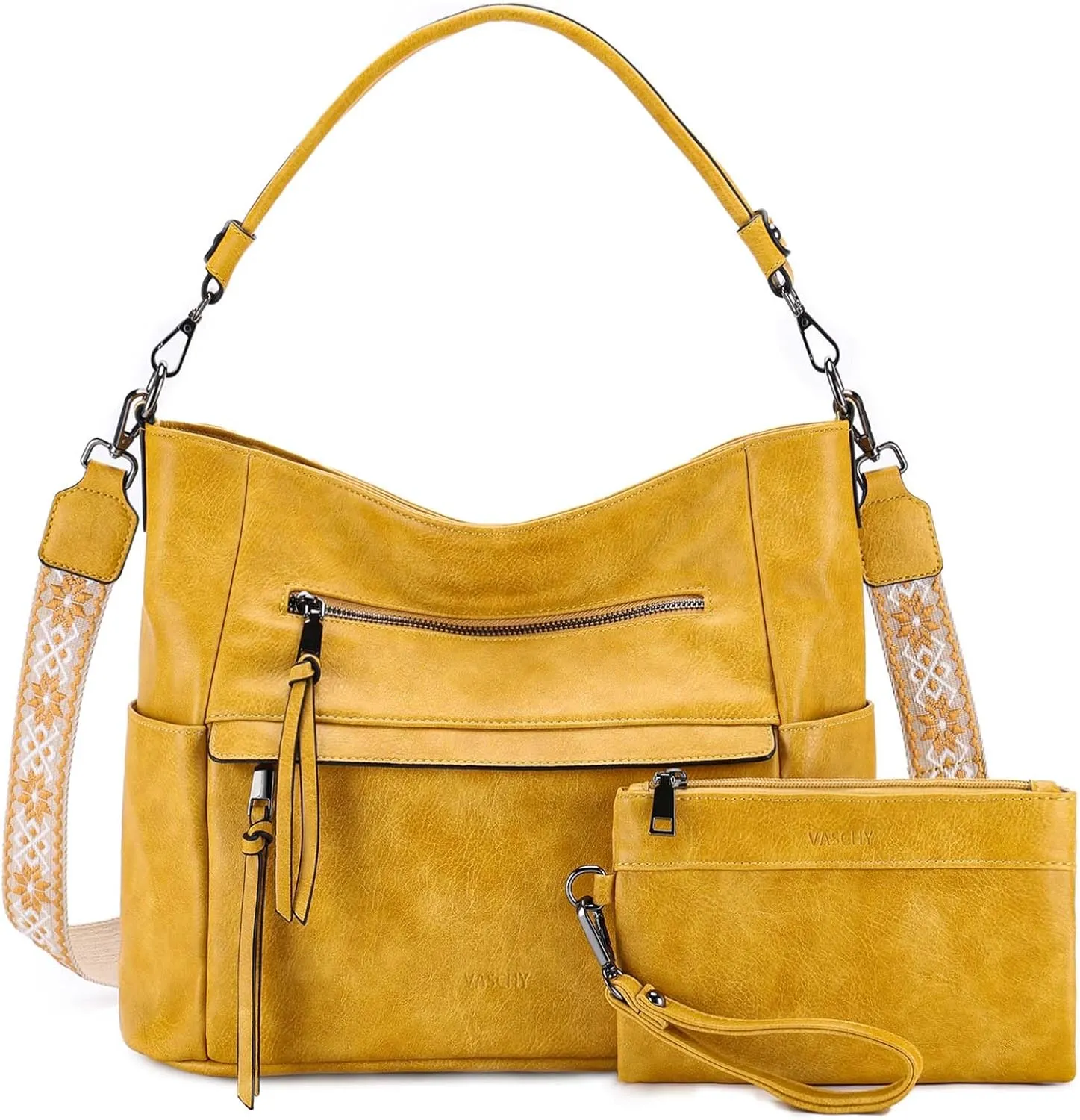 VASCHY Hobo Bag for Women, Medium Vegan Leather Shoulder Purse Handbag Wallet Set Tote Bag with Crossbody Guitar Strap