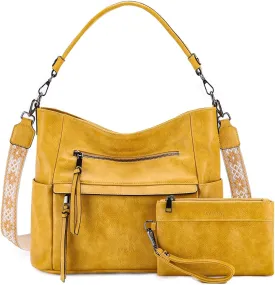 VASCHY Hobo Bag for Women, Medium Vegan Leather Shoulder Purse Handbag Wallet Set Tote Bag with Crossbody Guitar Strap