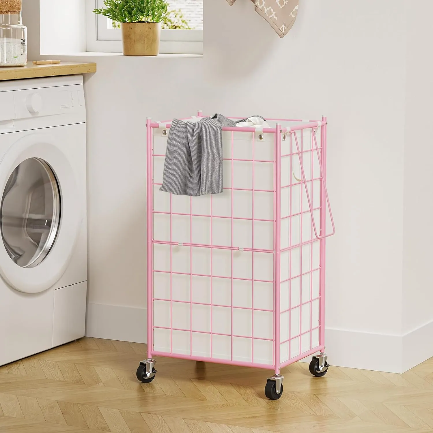 WOWLIVE Laundry Hamper with Wheels,Metal Wire Frame Rolling Laundry Basket with Removable bag,100L Dirty Clothes Hamper Organizer Dorm Room Storage for Bedroom,Bathroom,Pink