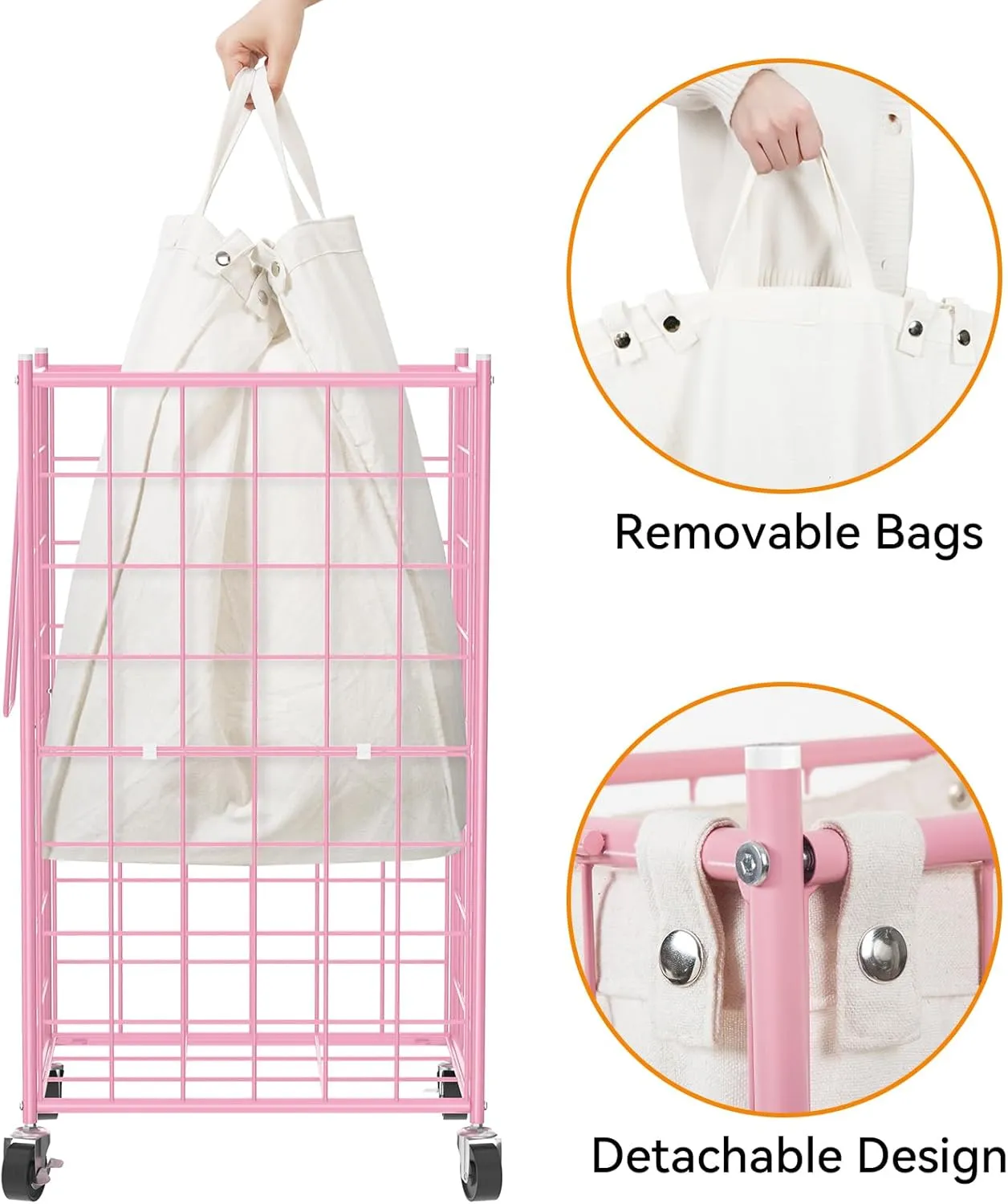 WOWLIVE Laundry Hamper with Wheels,Metal Wire Frame Rolling Laundry Basket with Removable bag,100L Dirty Clothes Hamper Organizer Dorm Room Storage for Bedroom,Bathroom,Pink